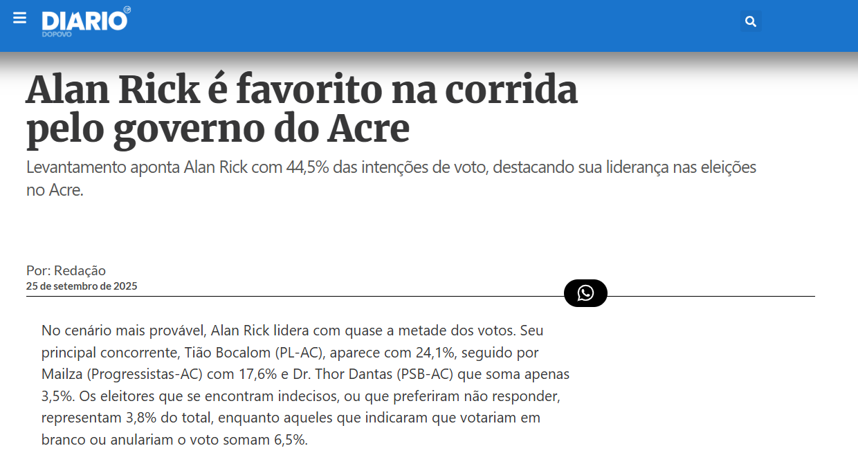 Diário do Povo cita pesquisa realizada pela Paraná Pesquisas no Estado do Acre. 1 Diário do Povo cita pesquisa realizada pela Paraná Pesquisas no Estado do Acre.