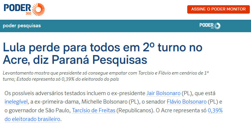 Poder 360 cita pesquisa realizada pela Paraná Pesquisas no Estado do Acre.