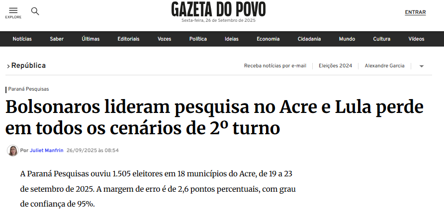 Gazeta do Povo cita pesquisa realizada pela Paraná Pesquisas no Estado do Acre.