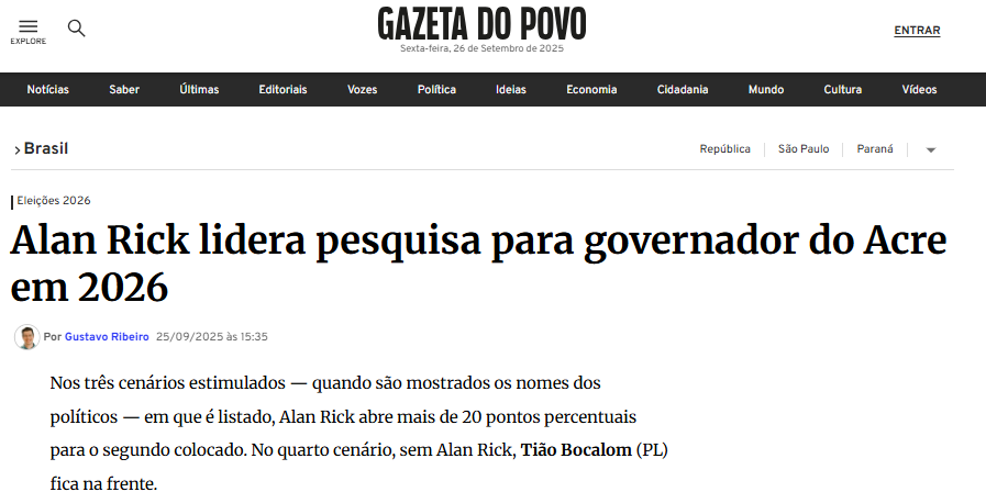 Gazeta do Povo cita pesquisa realizada pela Paraná Pesquisas no Estado do Acre.