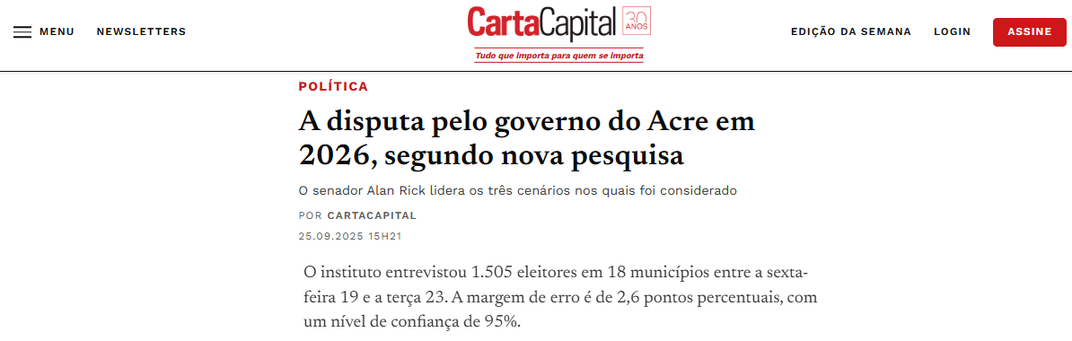 Carta Capital cita pesquisa realizada pela Paraná Pesquisas no Estado do Acre.