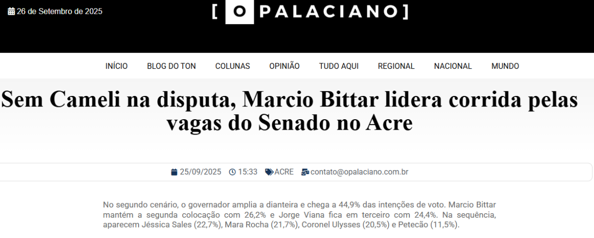 O Palaciano cita pesquisa realizada pela Paraná Pesquisas no Estado do Acre.