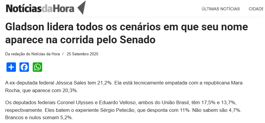 Notícias da Hora cita pesquisa realizada pela Paraná Pesquisas no Estado do Acre. 2 Notícias da Hora cita pesquisa realizada pela Paraná Pesquisas no Estado do Acre.