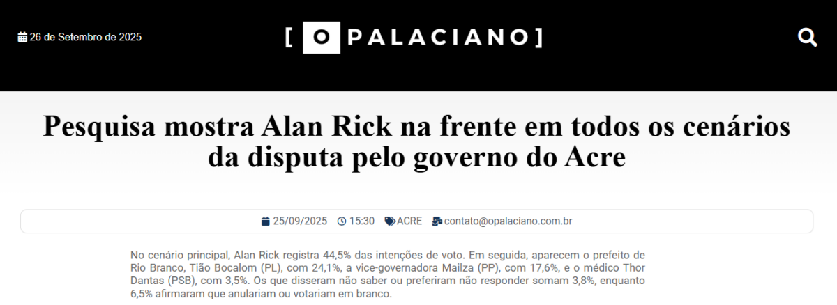 O Palaciano cita pesquisa realizada pela Paraná Pesquisas no Estado do Acre.