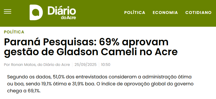 Diário do Acre cita pesquisa realizada pela Paraná Pesquisas no Estado do Acre.