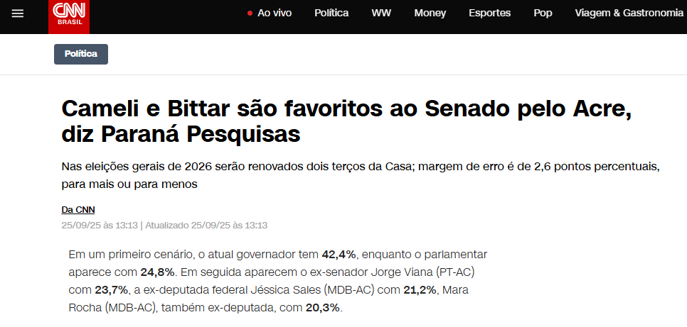 CNN Brasil cita pesquisa realizada pela Paraná Pesquisas no Estado do Acre. 2 CNN Brasil cita pesquisa realizada pela Paraná Pesquisas no Estado do Acre.