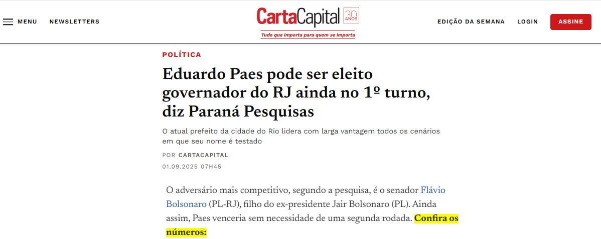 Carta Capital cita pesquisa realizada pela Paraná Pesquisas no Estado do Rio de Janeiro. 2 Carta Capital cita pesquisa realizada pela Paraná Pesquisas no Estado do Rio de Janeiro.