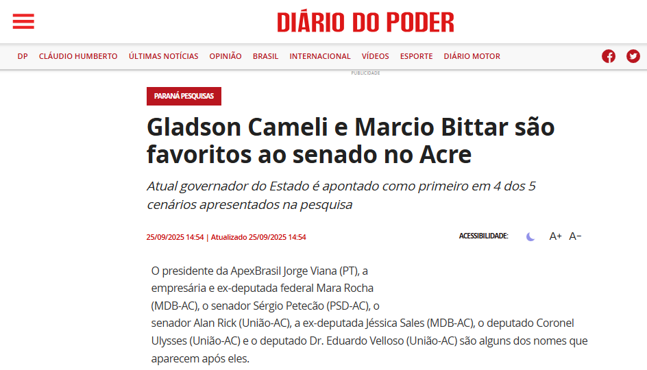 Diário do Poder cita pesquisa realizada pela Paraná Pesquisas no Estado do Acre.