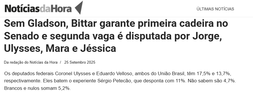 Notícias da Hora cita pesquisa realizada pela Paraná Pesquisas no Estado do Acre. 2 Notícias da Hora cita pesquisa realizada pela Paraná Pesquisas no Estado do Acre.