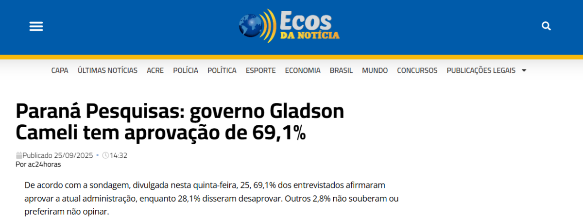 Ecos da Notícias cita pesquisa realizada pela Paraná Pesquisas no Estado do Acre. 2 Ecos da Notícias cita pesquisa realizada pela Paraná Pesquisas no Estado do Acre.
