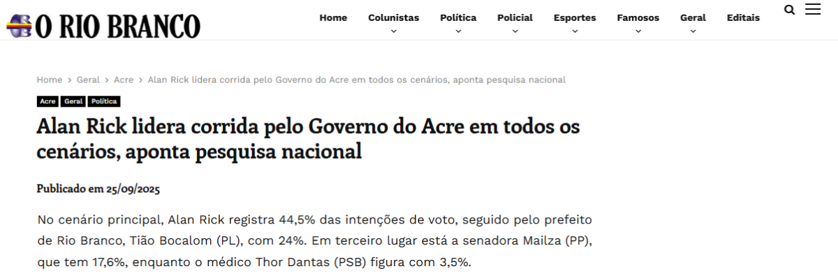 O Rio Branco cita pesquisa realizada pela Paraná Pesquisas no Estado do Acre.