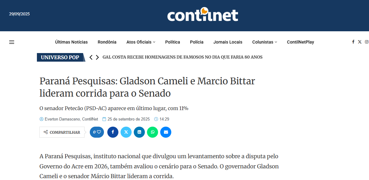 Contilnet cita pesquisa realizada pela Paraná Pesquisas no Estado do Acre.