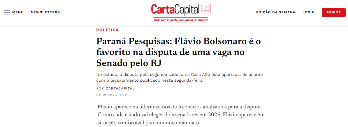 Carta Capital cita pesquisa realizada pela Paraná Pesquisas no Estado do Rio de Janeiro.
