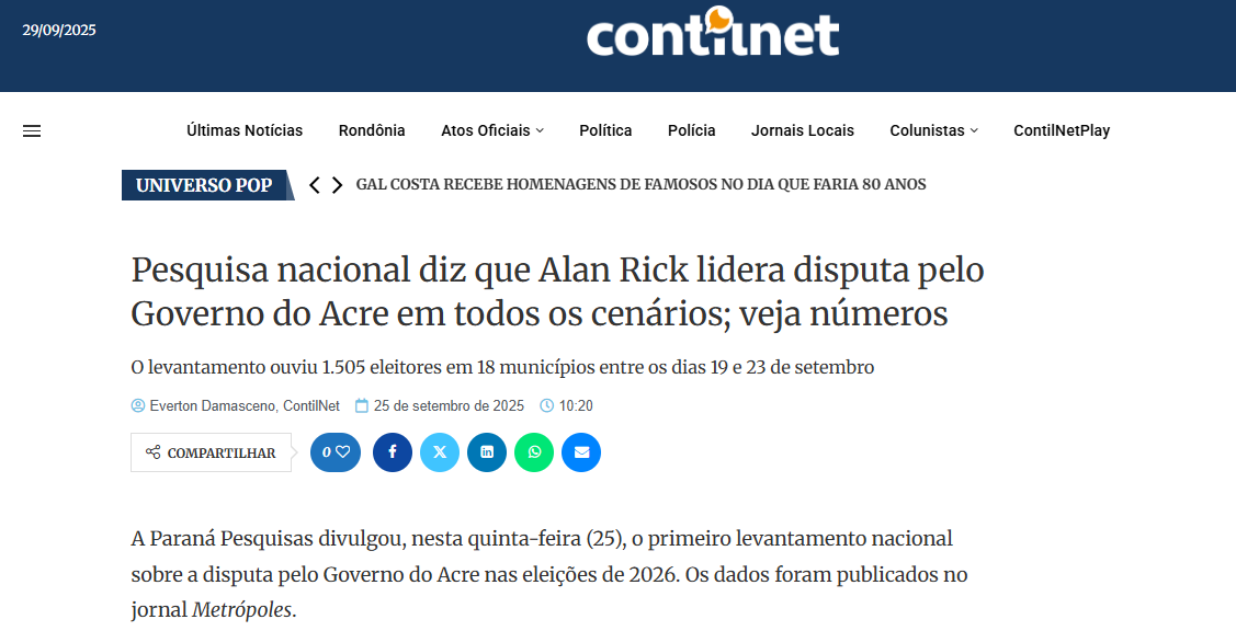 Contilnet cita pesquisa realizada pela Paraná Pesquisas no Estado do Acre. 2 Contilnet cita pesquisa realizada pela Paraná Pesquisas no Estado do Acre.