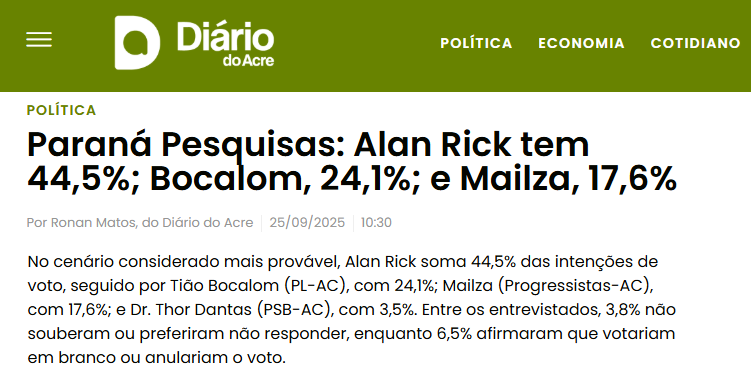 Diário do Acre cita pesquisa realizada pela Paraná Pesquisas no Estado do Acre.