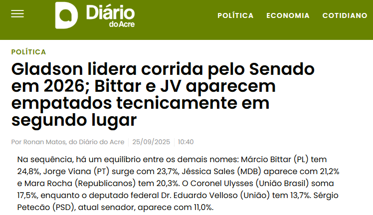 Diário do Acre cita pesquisa realizada pela Paraná Pesquisas no Estado do Acre. 2 Diário do Acre cita pesquisa realizada pela Paraná Pesquisas no Estado do Acre.