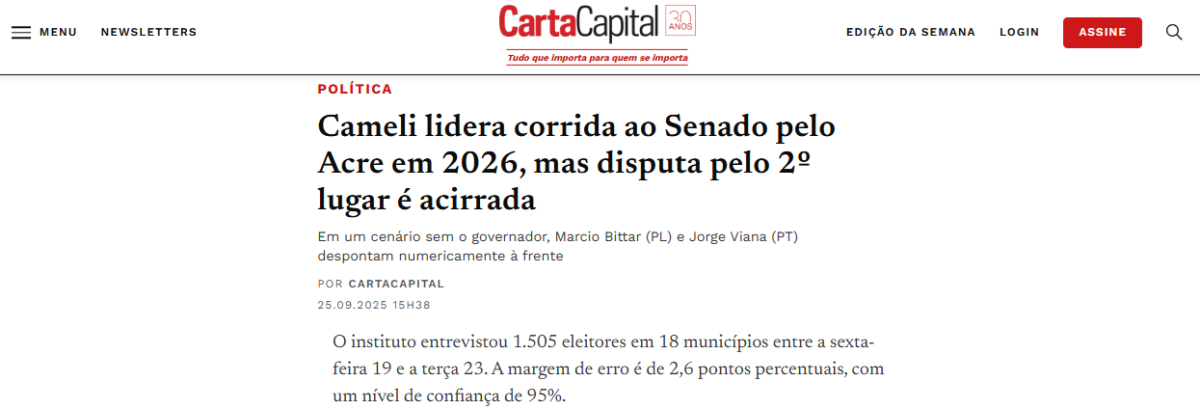 Carta Capital cita pesquisa realizada pela Paraná Pesquisas no Estado do Acre. 2 Carta Capital cita pesquisa realizada pela Paraná Pesquisas no Estado do Acre.