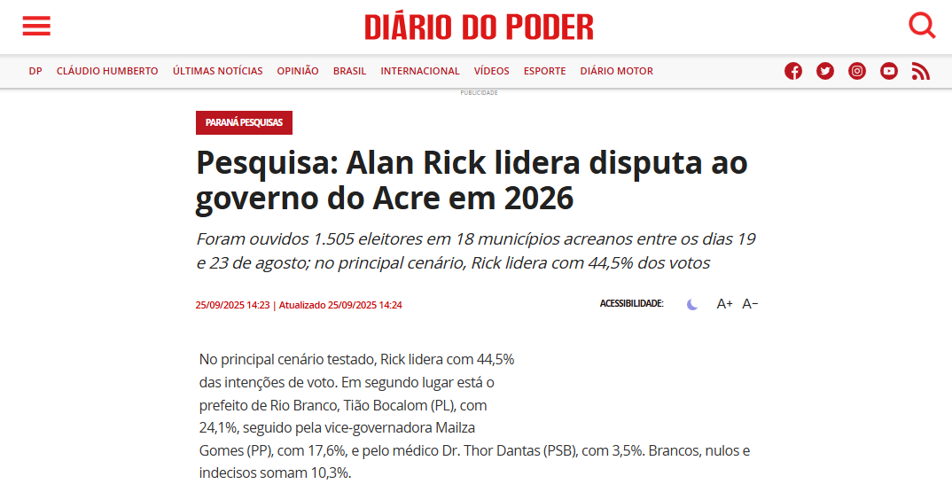 Diário do Poder cita pesquisa realizada pela Paraná Pesquisas no Estado do Acre. 2 Diário do Poder cita pesquisa realizada pela Paraná Pesquisas no Estado do Acre.
