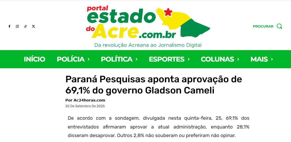 Portal Estado do Acre cita pesquisa realizada pela Paraná Pesquisas no Estado do Acre. 2 Portal Estado do Acre cita pesquisa realizada pela Paraná Pesquisas no Estado do Acre.