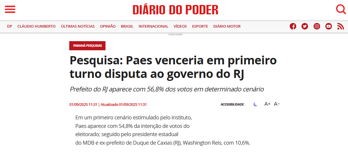 Diário do Poder cita pesquisa realizada pela Paraná Pesquisas no Estado do Rio de Janeiro. 2 Diário do Poder cita pesquisa realizada pela Paraná Pesquisas no Estado do Rio de Janeiro.