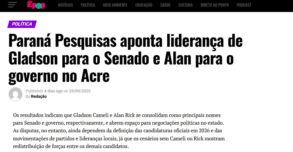 É Pop cita pesquisa realizada pela Paraná Pesquisas no Estado do Acre.
