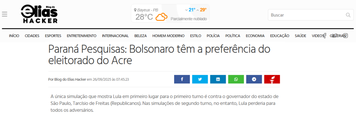 Blog do Elias Hacker cita pesquisa realizada pela Paraná Pesquisas no Estado do Acre. 2 Blog do Elias Hacker cita pesquisa realizada pela Paraná Pesquisas no Estado do Acre.