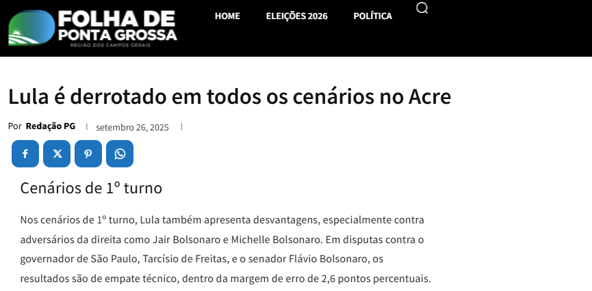 Folha de Ponta Grossa cita pesquisa realizada pela Paraná Pesquisas no Estado do Acre.