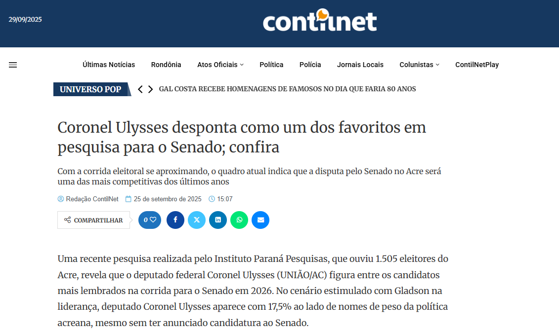 Contilnet cita pesquisa realizada pela Paraná Pesquisas no Estado do Acre.