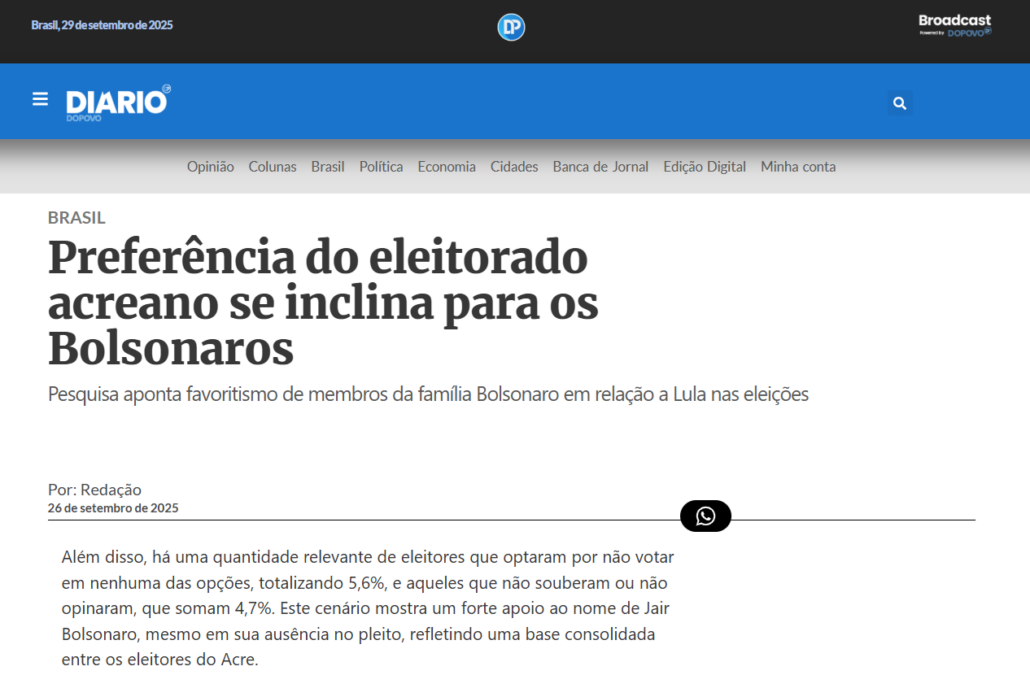 Diário do Povo cita pesquisa realizada pela Paraná Pesquisas no Estado do Acre.