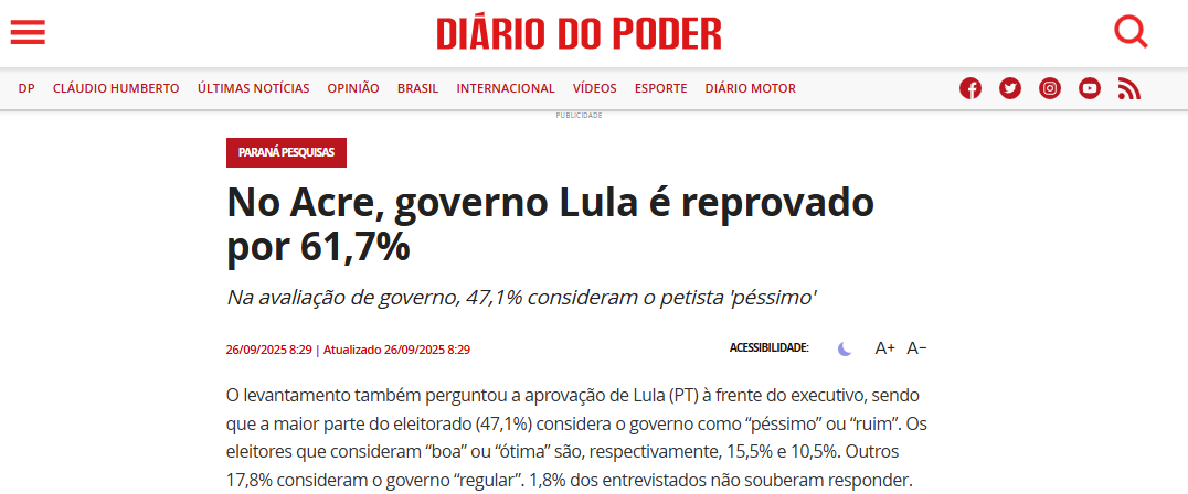 Diário do Poder cita pesquisa realizada pela Paraná Pesquisas no Estado do Acre. 2 Diário do Poder cita pesquisa realizada pela Paraná Pesquisas no Estado do Acre.