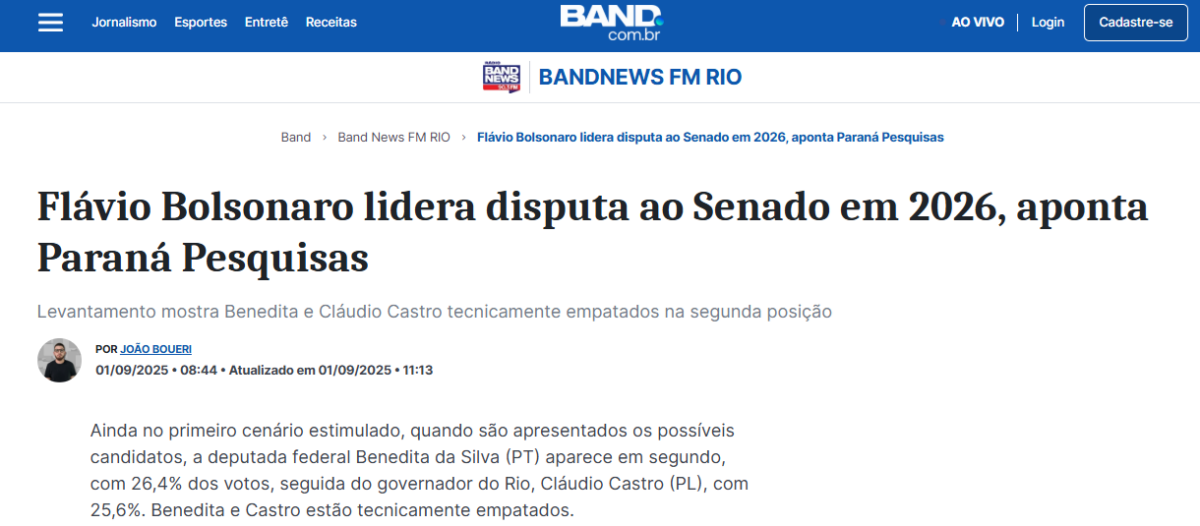 Band cita pesquisa realizada pela Paraná Pesquisas no Estado do Rio de Janeiro. 2 Band cita pesquisa realizada pela Paraná Pesquisas no Estado do Rio de Janeiro.
