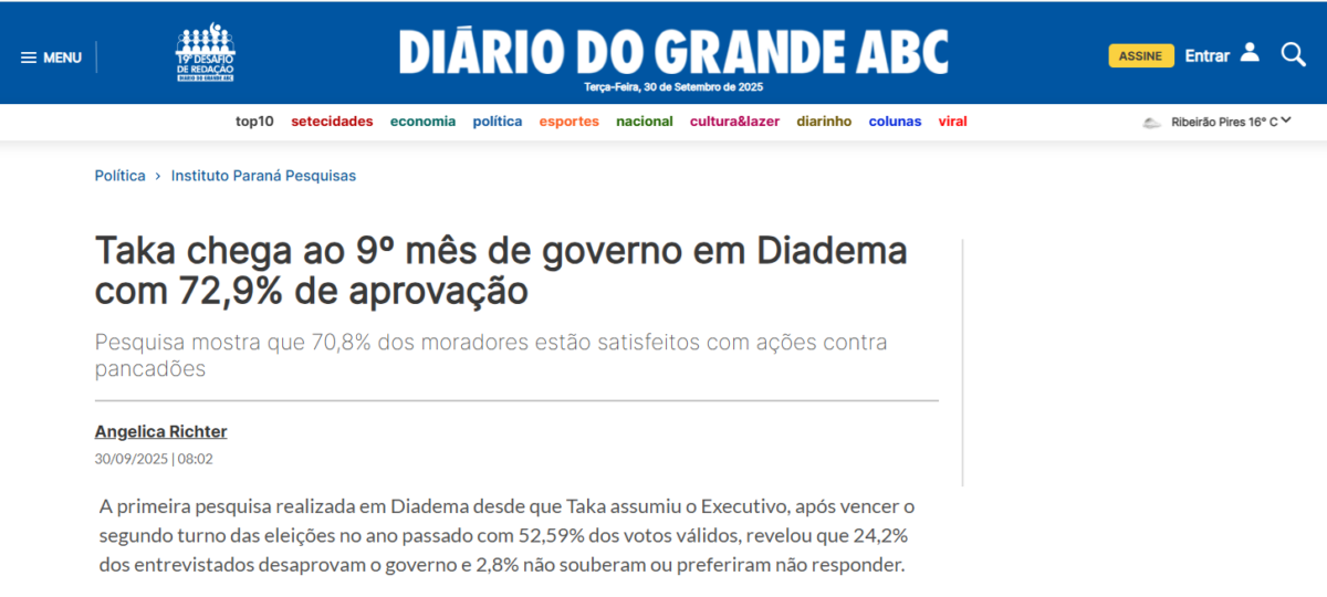 Diário do Grande ABC cita pesquisa realizada pela Paraná Pesquisas no Município de Diadema. 2 Diário do Grande ABC cita pesquisa realizada pela Paraná Pesquisas no Município de Diadema.
