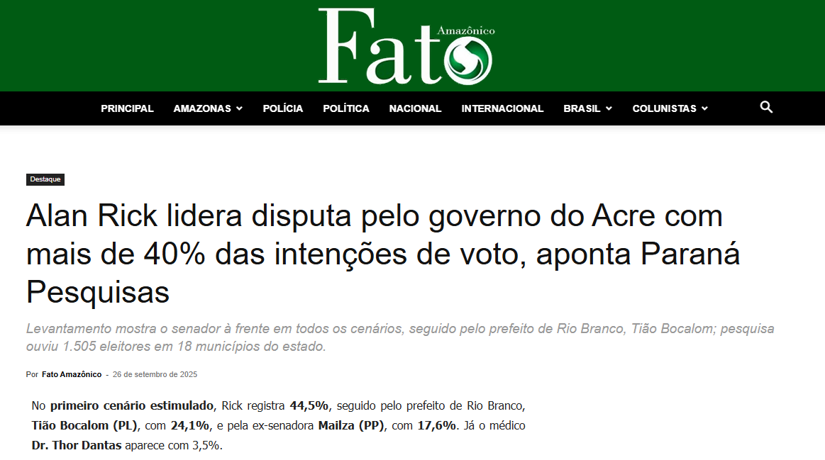 Fato Amazônico cita pesquisa realizada pela Paraná Pesquisas no Estado do Acre.