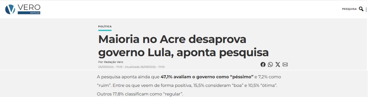 Vero Notícias cita pesquisa realizada pela Paraná Pesquisas no Estado do Acre.