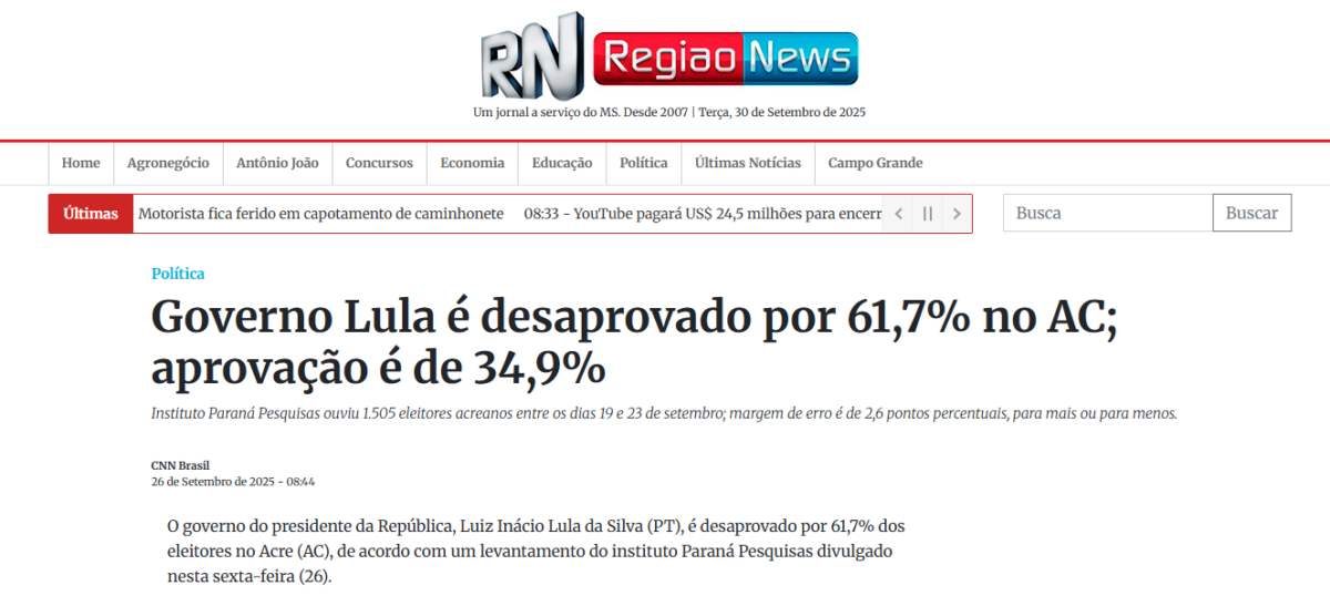 Região News cita pesquisa realizada pela Paraná Pesquisas no Estado do Acre.