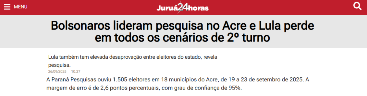 Juruá 24 Horas cita pesquisa realizada pela Paraná Pesquisas no Estado do Acre. 2 Juruá 24 Horas cita pesquisa realizada pela Paraná Pesquisas no Estado do Acre.