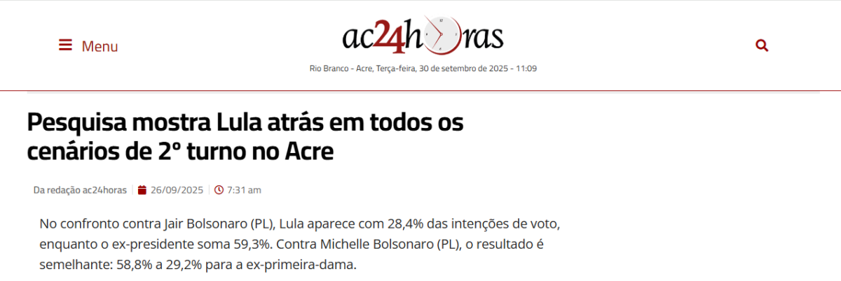 AC 24 Horas cita pesquisa realizada pela Paraná Pesquisas no Estado do Acre. 2 AC 24 Horas cita pesquisa realizada pela Paraná Pesquisas no Estado do Acre.