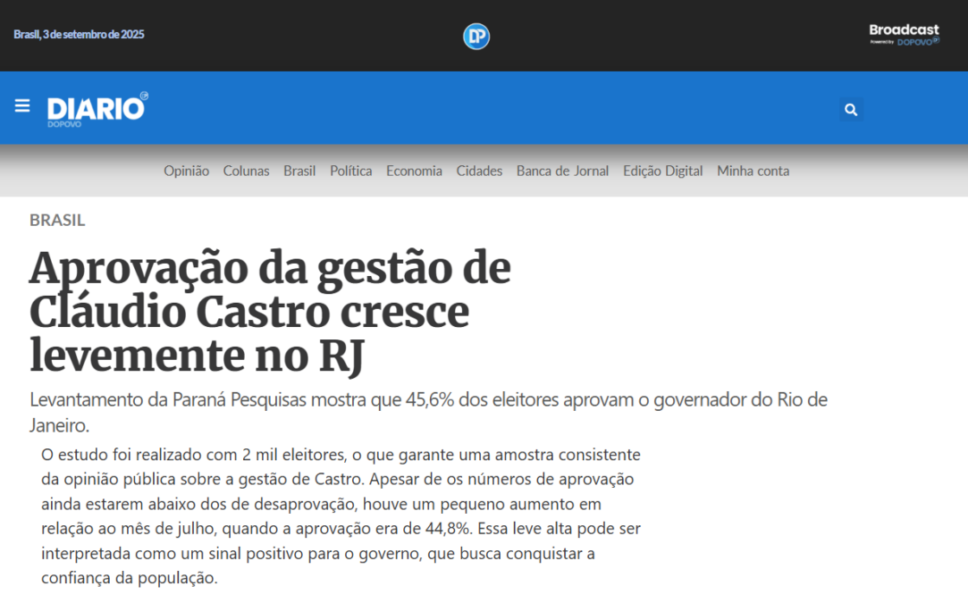 Diário do Povo cita pesquisa realizada pela Paraná Pesquisas no Estado do Rio de Janeiro.