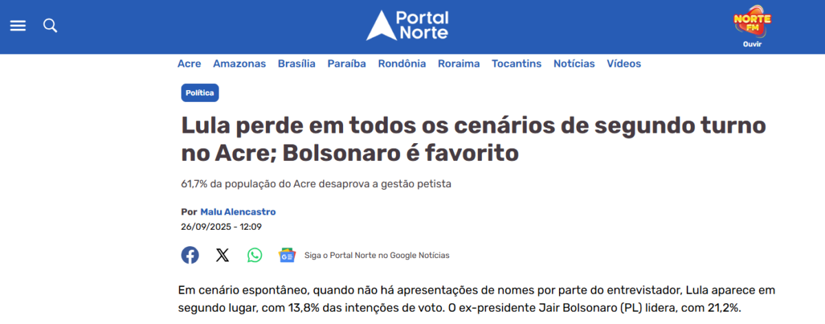 Portal Norte cita pesquisa realizada pela Paraná Pesquisas no Estado do Acre. 2 Portal Norte cita pesquisa realizada pela Paraná Pesquisas no Estado do Acre.