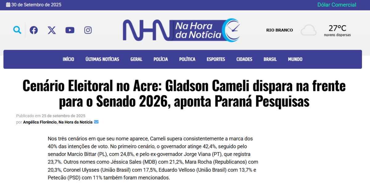 Na Hora da Notícia cita pesquisa realizada pela Paraná Pesquisas no Estado do Acre. 2 Na Hora da Notícia cita pesquisa realizada pela Paraná Pesquisas no Estado do Acre.