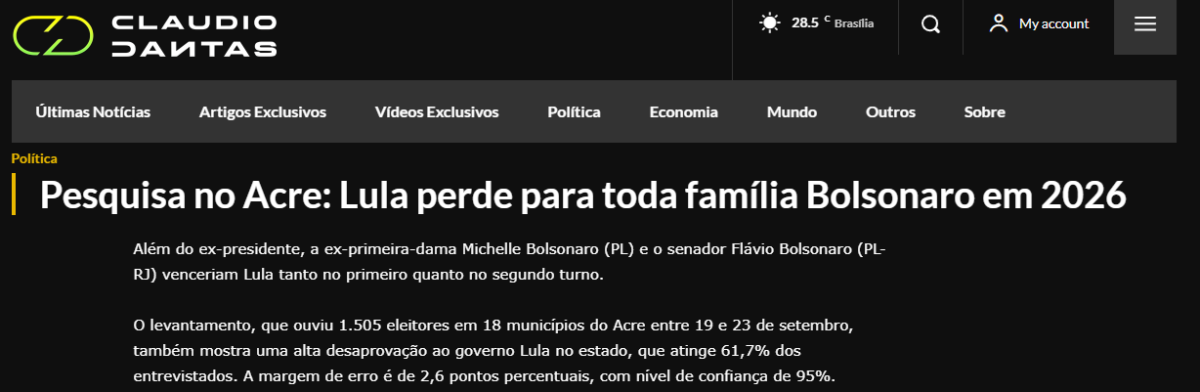 Blog Claudio Dantas cita pesquisa realizada pela Paraná Pesquisas no Estado do Acre. 2 Blog Claudio Dantas cita pesquisa realizada pela Paraná Pesquisas no Estado do Acre.
