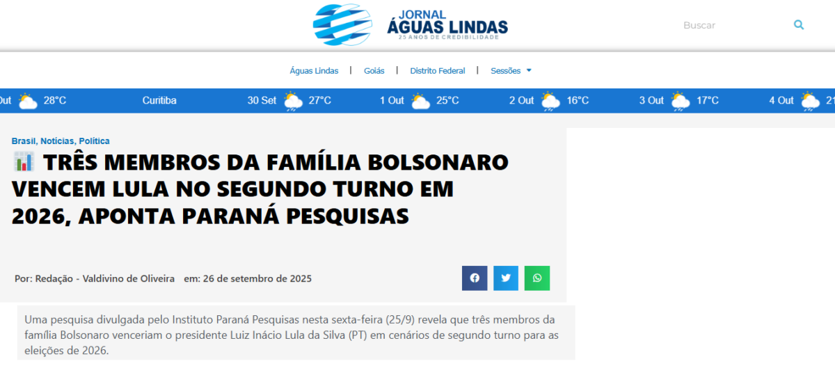 Jornal Águas Lindas cita pesquisa realizada pela Paraná Pesquisas no Estado do Acre. 2 Jornal Águas Lindas cita pesquisa realizada pela Paraná Pesquisas no Estado do Acre.