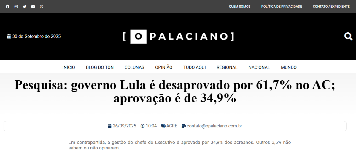 Palaciano cita pesquisa realizada pela Paraná Pesquisas no Estado do Acre.