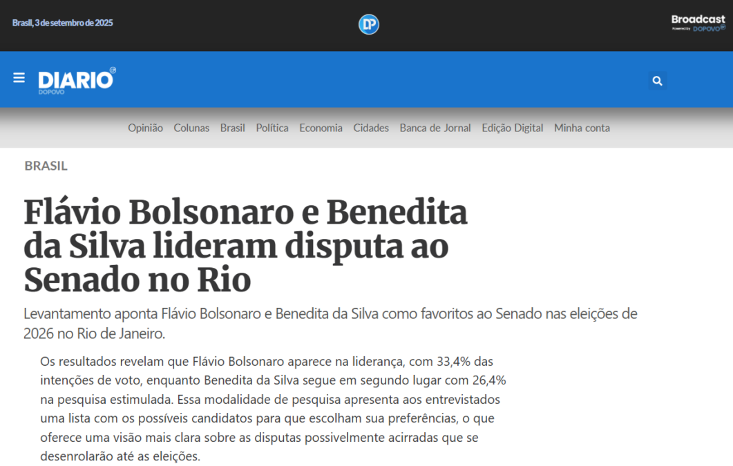 Diário do Povo cita pesquisa realizada pela Paraná Pesquisas no Estado do Rio de Janeiro.