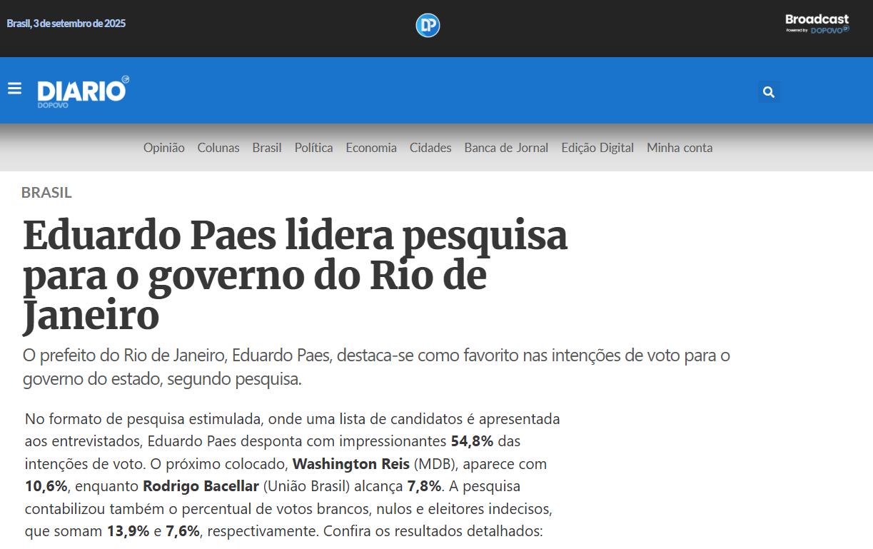 Diário do Povo cita pesquisa realizada pela Paraná Pesquisas no Estado do Rio de Janeiro. 1 Diário do Povo cita pesquisa realizada pela Paraná Pesquisas no Estado do Rio de Janeiro.