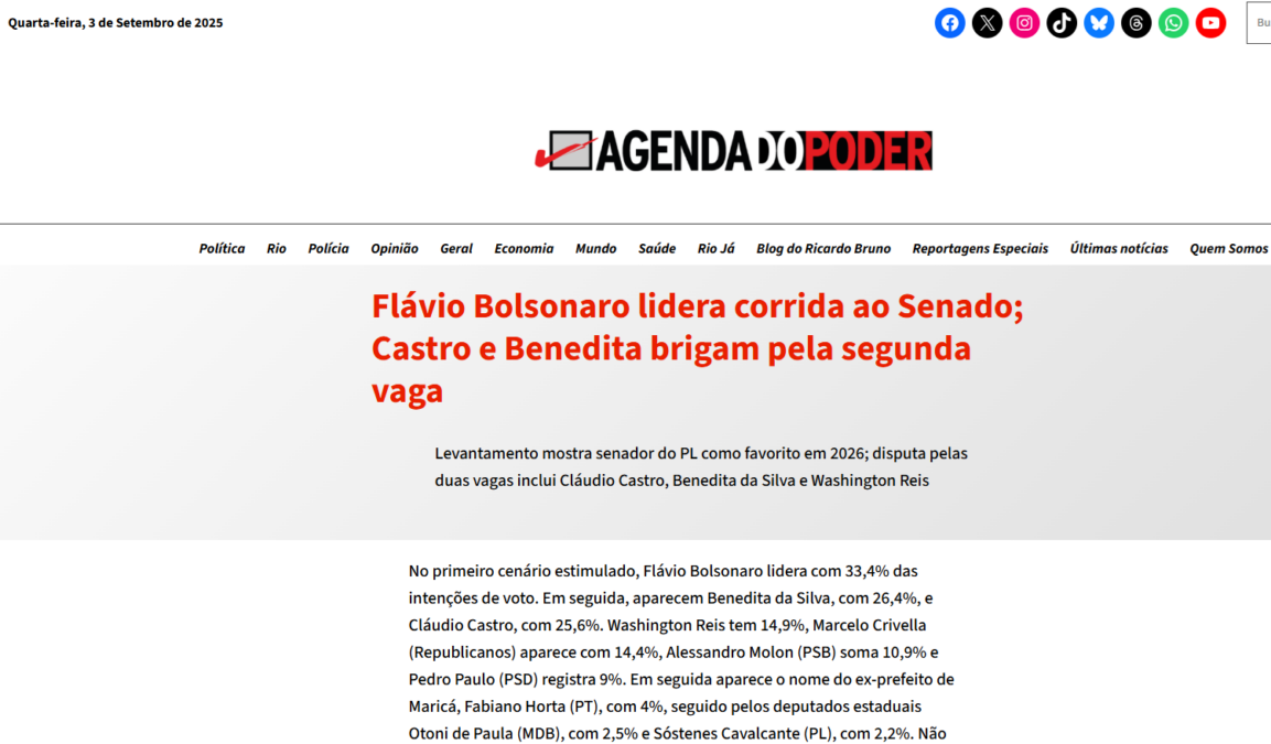 Agenda do Poder cita pesquisa realizada pela Paraná Pesquisas no Estado do Rio de Janeiro.