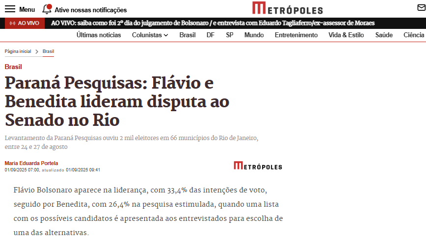 Metrópoles cita pesquisa realizada pela Paraná Pesquisas no Estado do Rio de Janeiro.