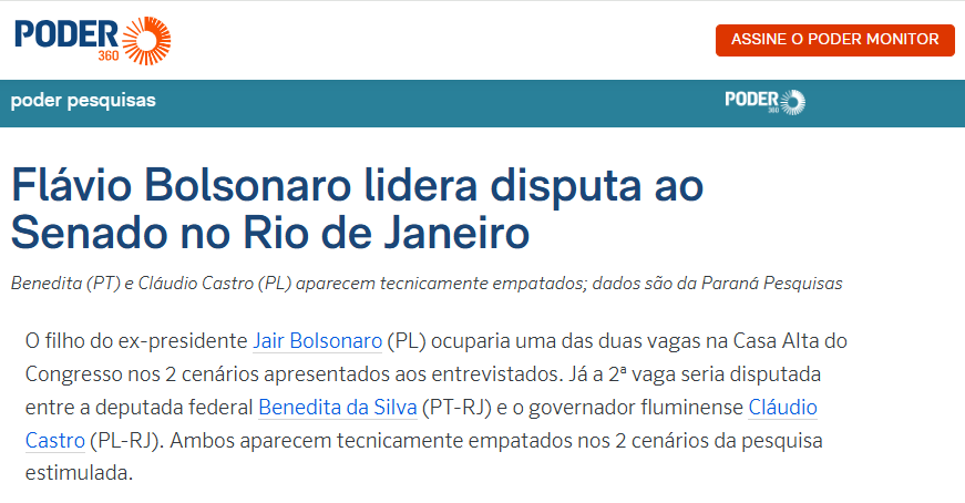 Poder 360 cita pesquisa realizada pela Paraná Pesquisas no Estado do Rio de Janeiro. 2 Poder 360 cita pesquisa realizada pela Paraná Pesquisas no Estado do Rio de Janeiro.