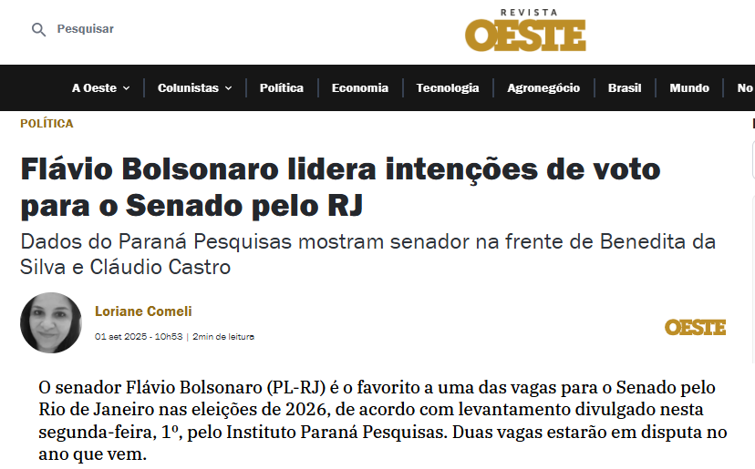 Revista Oeste cita pesquisa realizada pela Paraná Pesquisas no Estado do Rio de Janeiro.