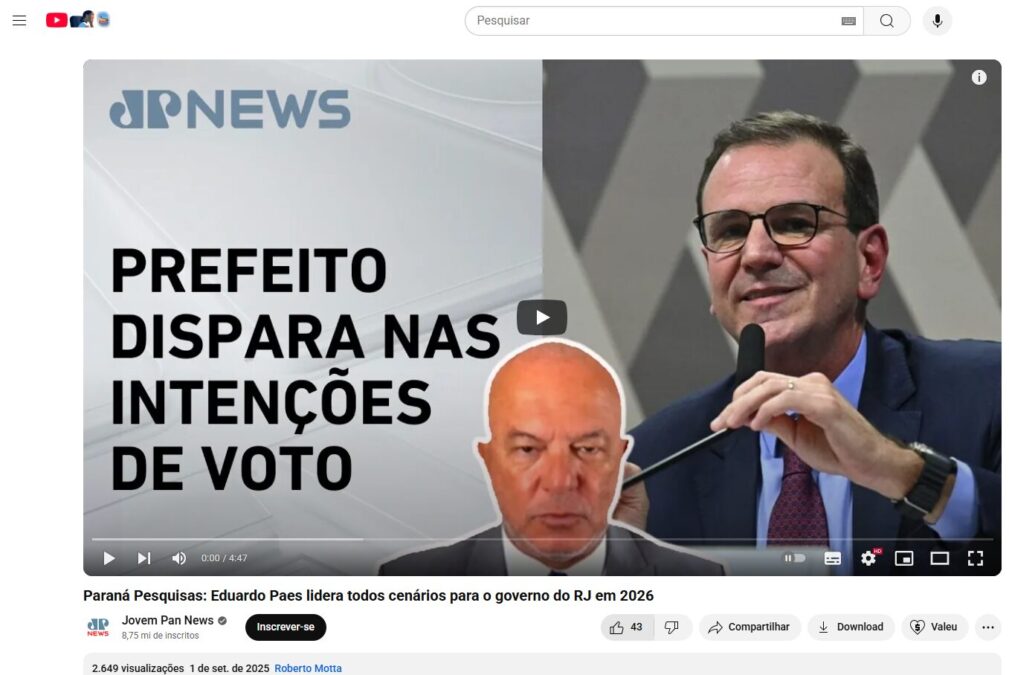 Jovem Pan News cita pesquisa realizada pela Paraná Pesquisas no Estado do Rio de Janeiro. 2 Jovem Pan News cita pesquisa realizada pela Paraná Pesquisas no Estado do Rio de Janeiro.